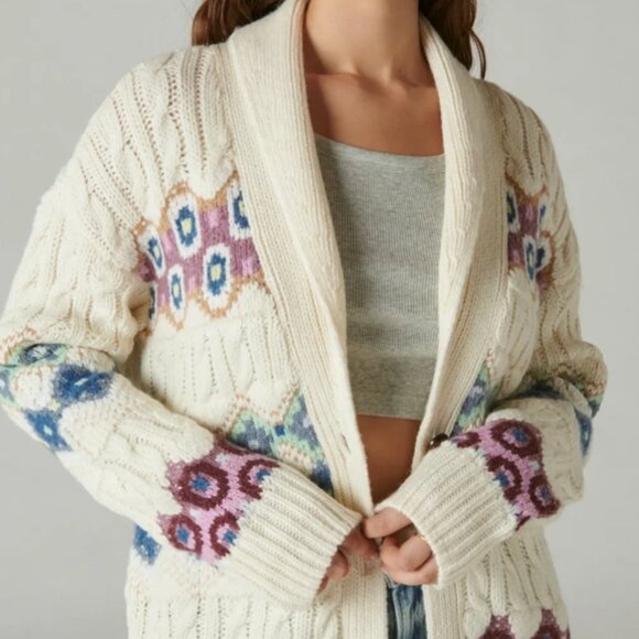 Lucky Brand Intarsia Shawl Cardigan Sweater Wool Blend Cable Knit Patterned XS - Picture 2 of 8